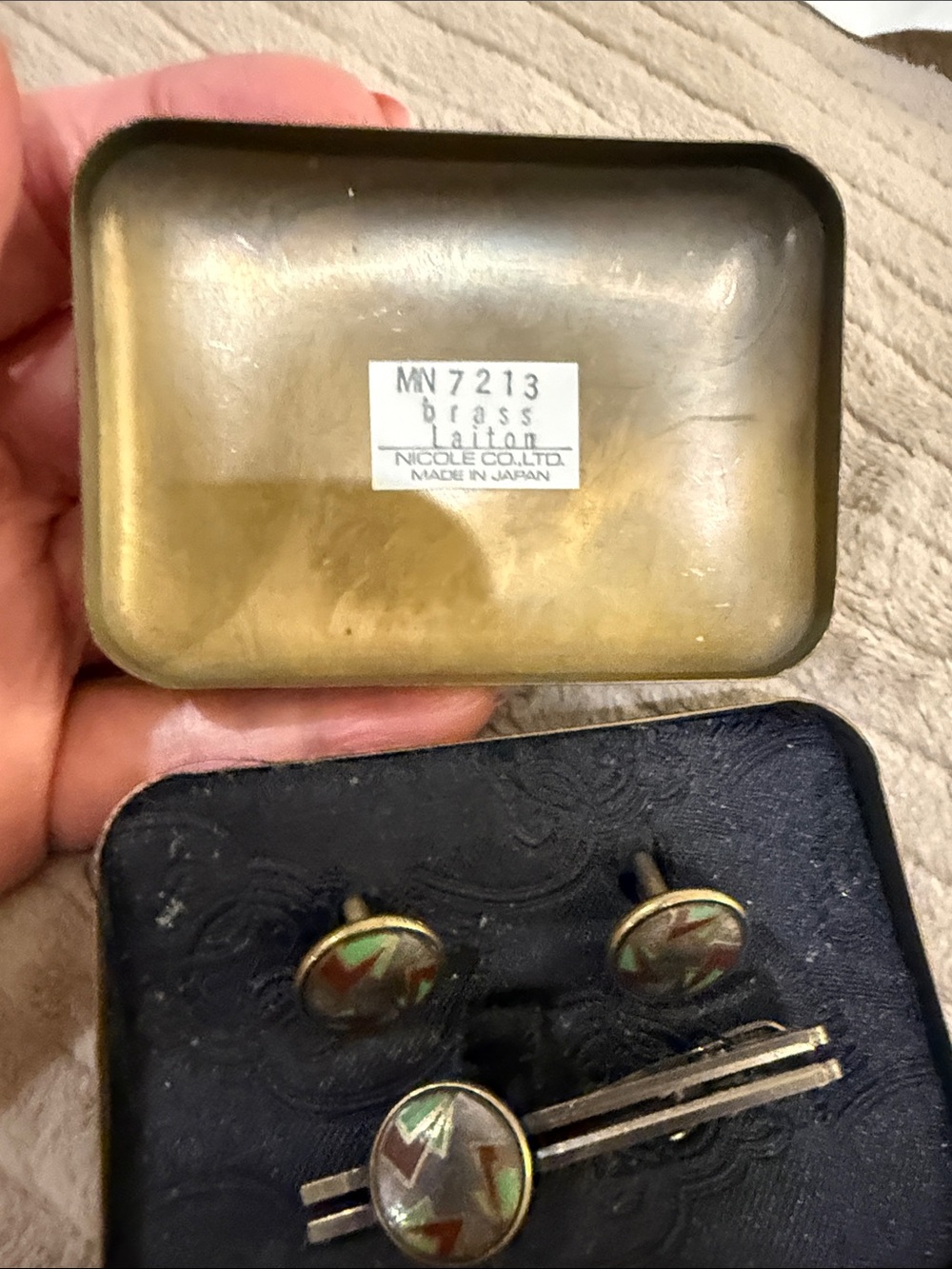 Vintage Matsuda Men's Brass Cufflink and Tie Clip Set - Multicolor Enamel - Picture 6 of 7